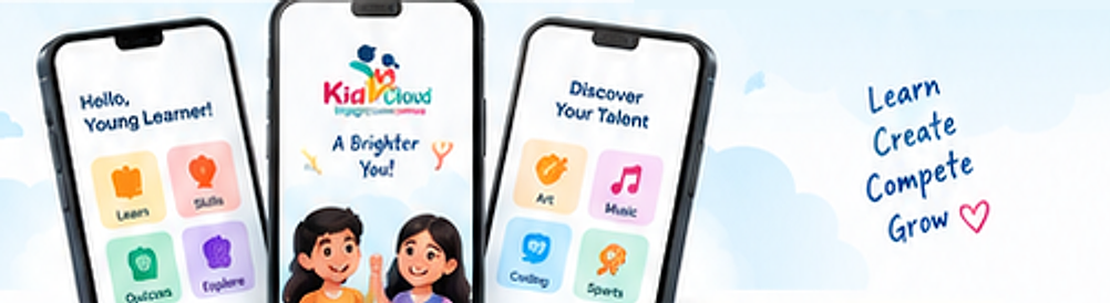 Three phones showing KidzCloud app screens: Hello Young Learner, A Brighter You, Discover Your Talent — Learn, Create, Compete, Grow