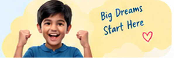 A cheering boy beside the words Big Dreams Start Here
