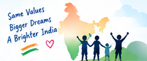 Children cheering in front of a tricolour map of India — Same values, bigger dreams, a brighter India